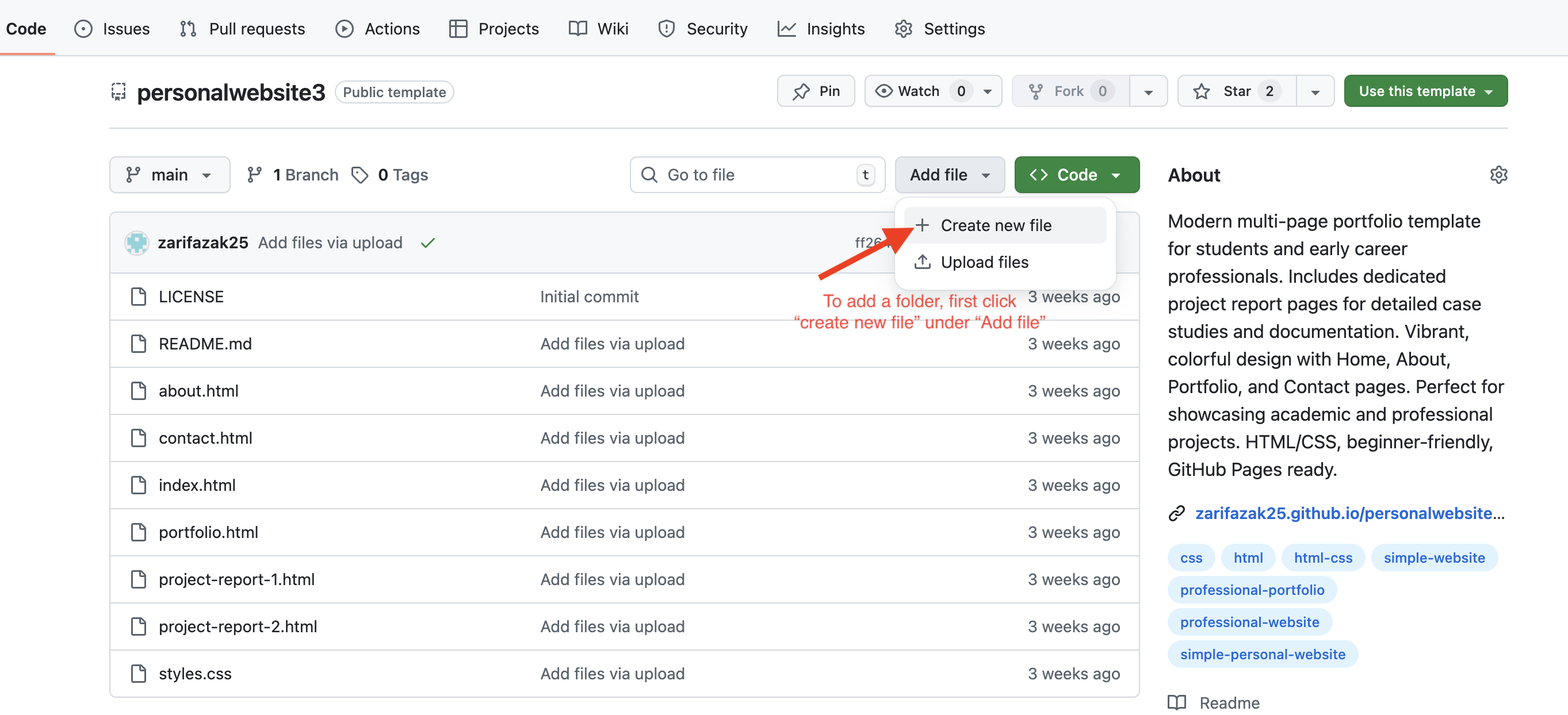Screenshot showing the add file button under < > Code tab to start creating a folder.