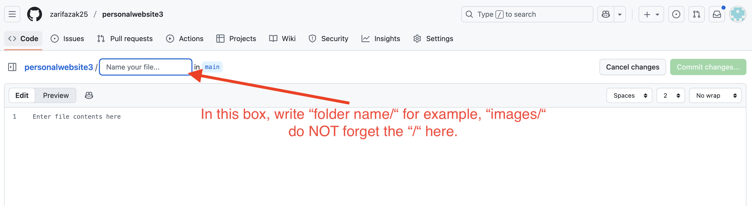 Screenshot showing adding folder name and then / to add a folder< > Code tab to start creating a folder.