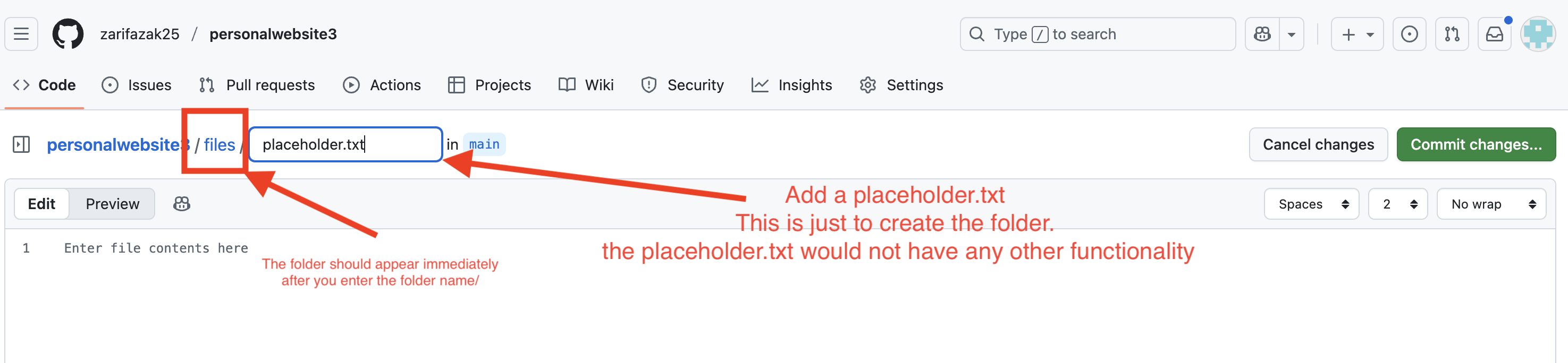 Screenshot showing adding placeholder.txt to create the folder under < > Code tab to start creating a folder.