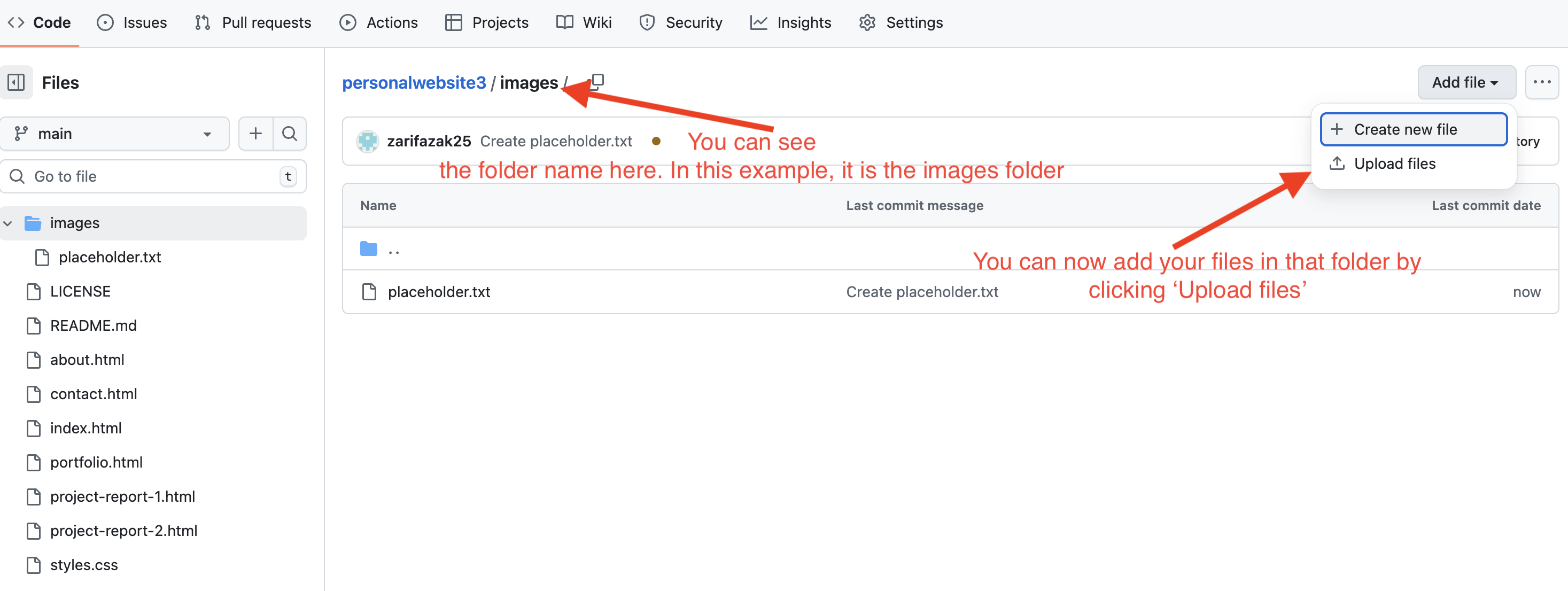 Screenshot showing the add file button under < > Code tab to start creating a folder.