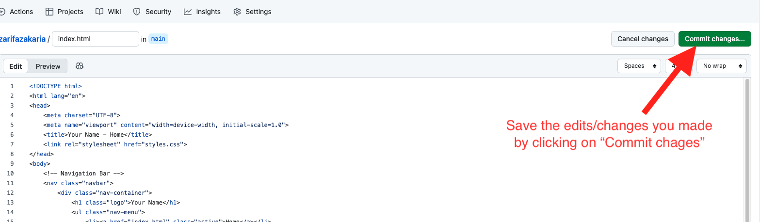 Screenshot showing the green 'commit changes' button on the top right  index.html file that you can click to save any changes you made