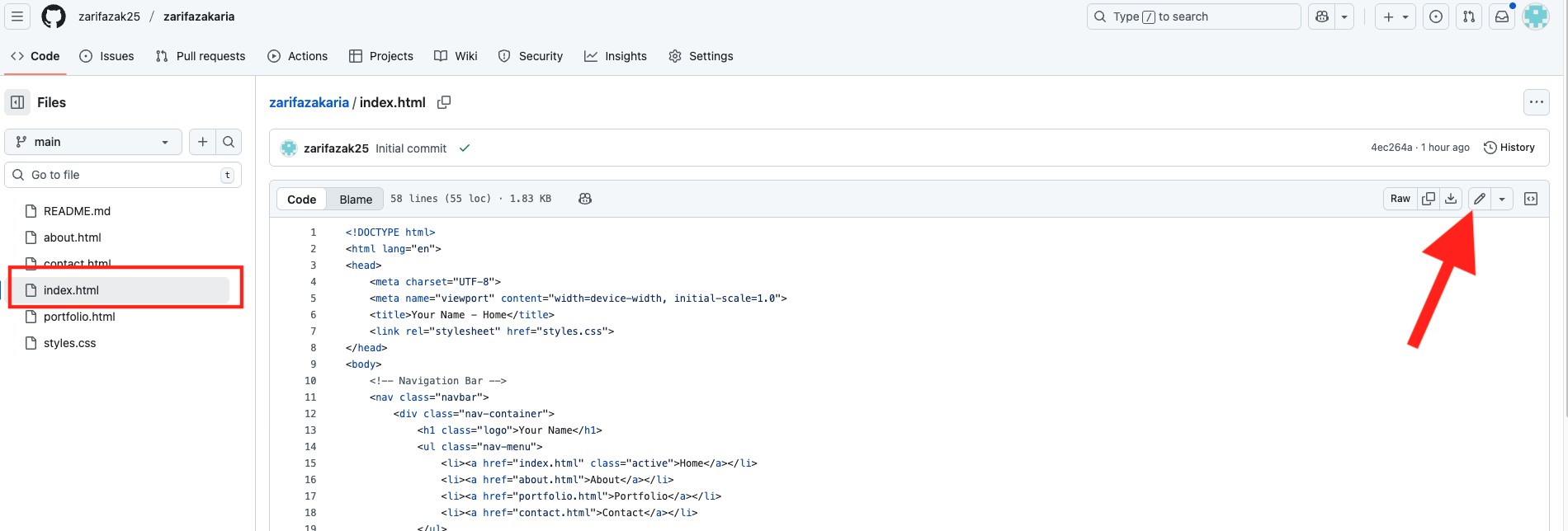 Screenshot showing the index.html file in github repo indicating the pencil button to start editing
