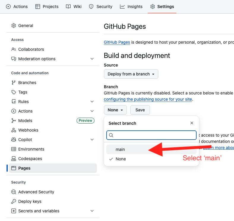 Screenshot showing the github pages setup