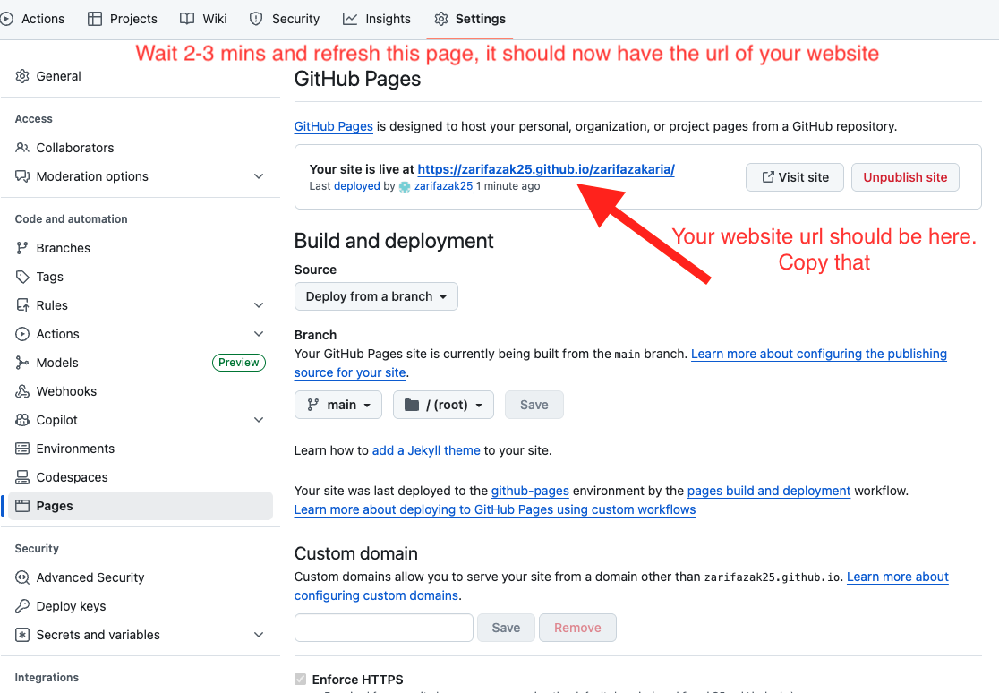 Screenshot showing website url for your github pages live website