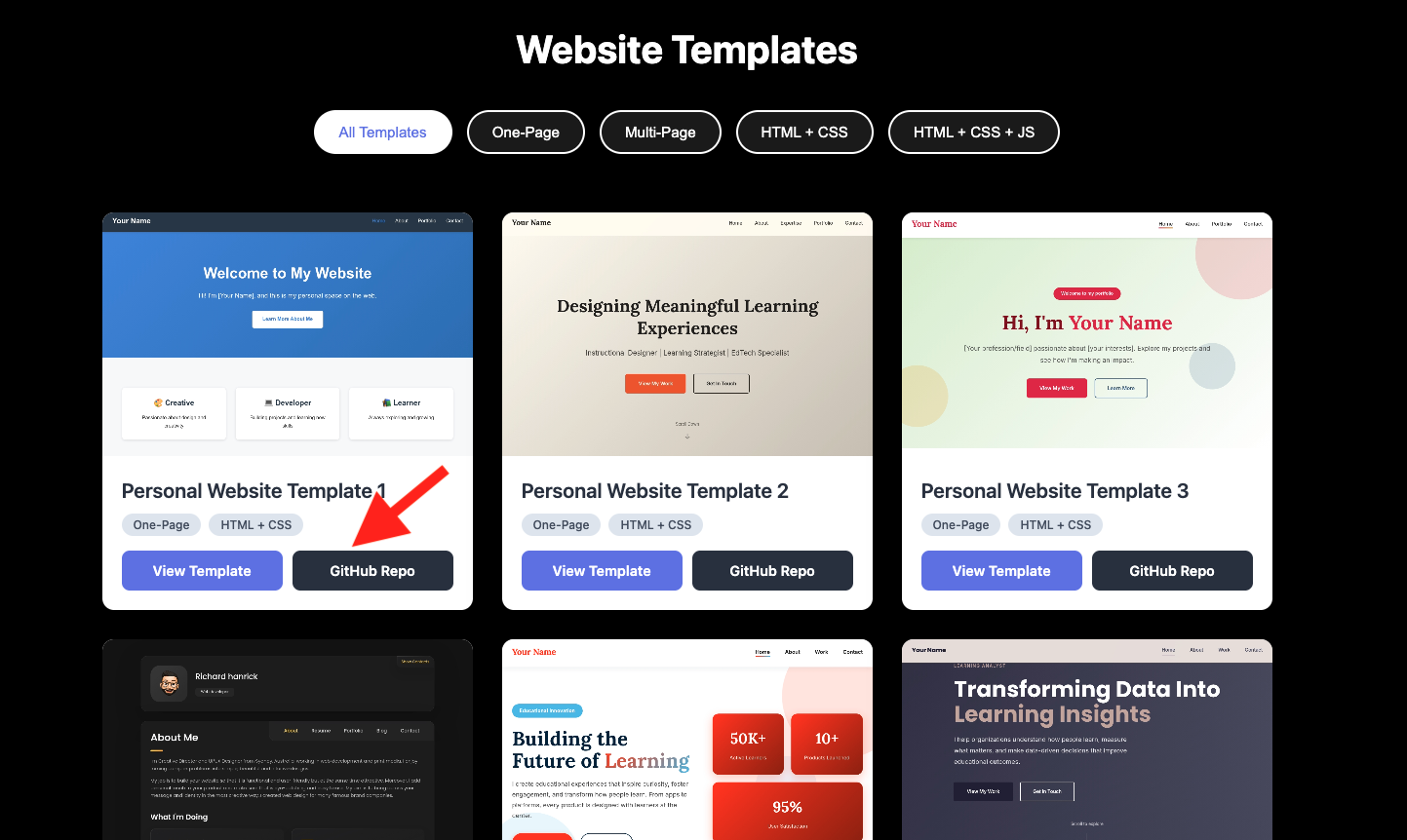 Screenshot showing the github repo button on template gallery